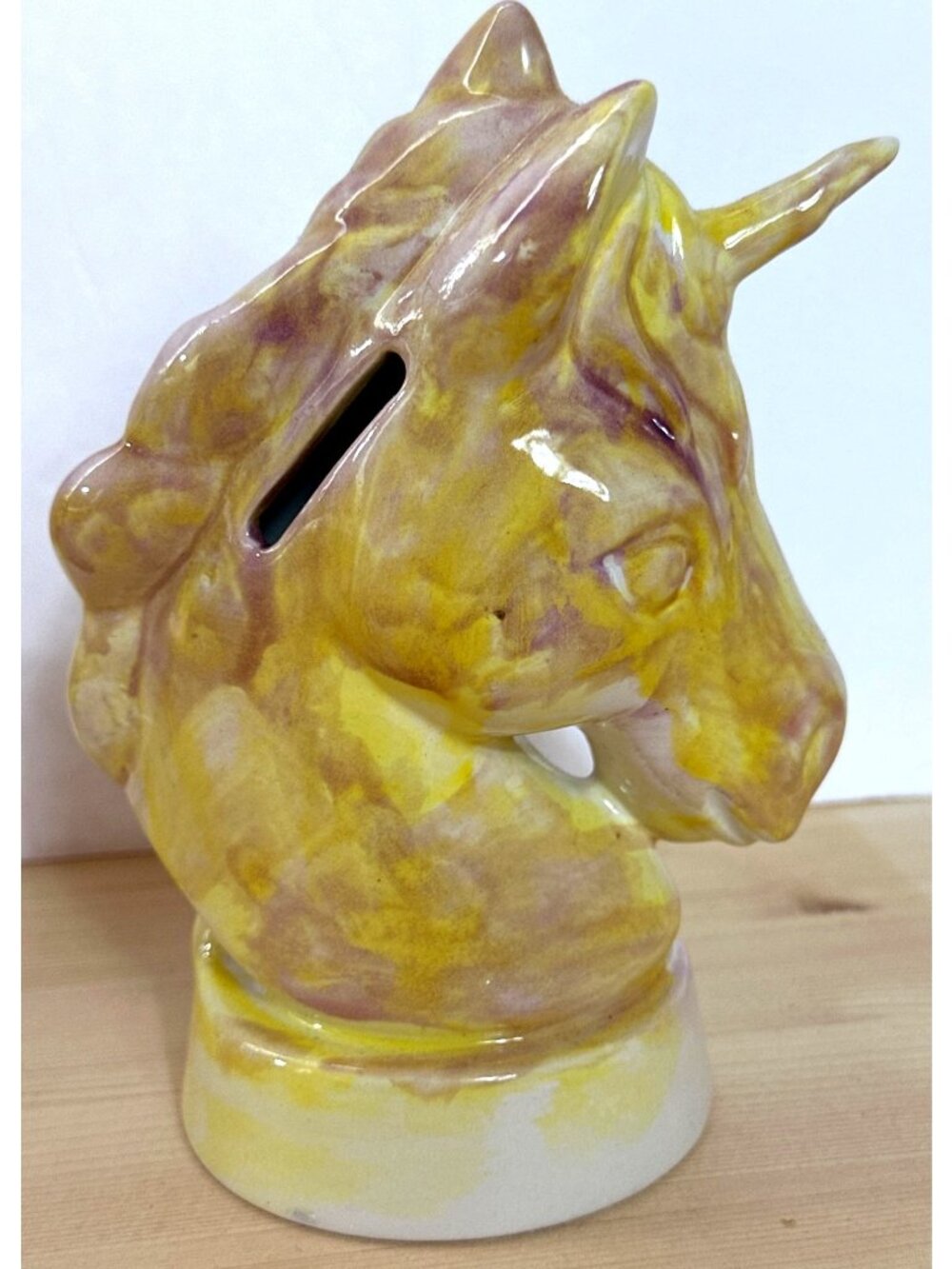 Whimsical Unicorn Coin Bank Ceramic Figure Yellow Purple Swirl Fantasy